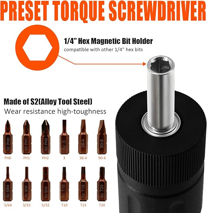 coobeast 13Pcs Preset Torque Screwdriver with S2 Bits, 1/4” Drive Torque Wrench Screwdriver Set for Maintenance, Tools, Bike Repairing and Mounting, Inch Pound Torque Range 10-70 In-lb