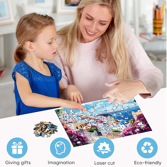 Mys Aurora Scenery Puzzles for Adults, Santorini Wooden Puzzles, 200 Pieces Unique Shaped Jigsaw Puzzle Birthday Gift Challenging Family Game for Kids and Adults 12.6 * 8.6 inch