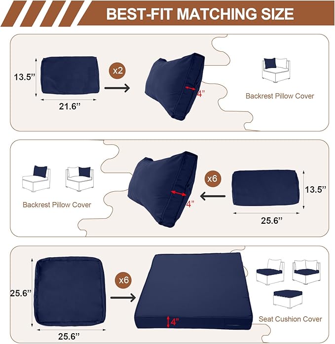 14 Piece Outdoor Patio Cushion Covers Replacement, Waterproof Outdoor Furniture Cushion Covers, Fit 7 Pcs 6 Seater Wicker Rattan Conversation Sofa Set,Navy Blue(No Piping) 25.6x25.6