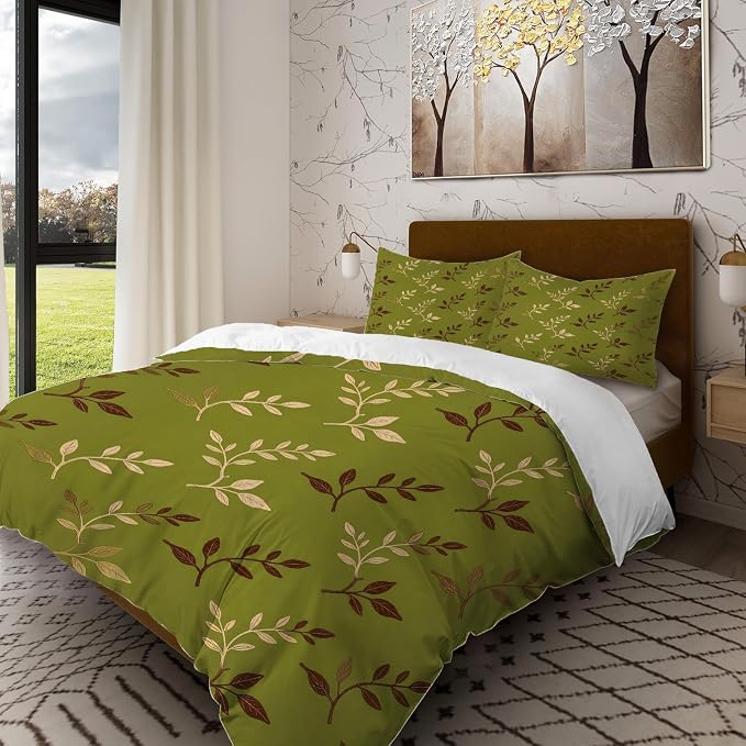Batmerry Green Brown Leaves Queen Size 100% Cotton Duvet Cover Sets, Art Plant Illustration Bedding Set with Zipper Closure Corner Ties, 3 Pieces (1 Cover + 2 Pillowcases No Comforter)