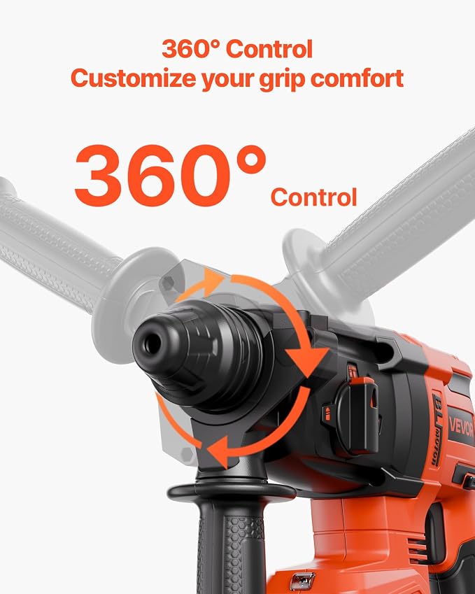 VEVOR 1" SDS-Plus Rotary Hammer Drill, 20V Brushless Cordless SDS Hammer Drills, 4.0Ah Lithium-Ion Battery Powered,3.0A Fast Charger, 4 Modes,Rotomartillo for Concrete,1200 RPM, 5300 BPM