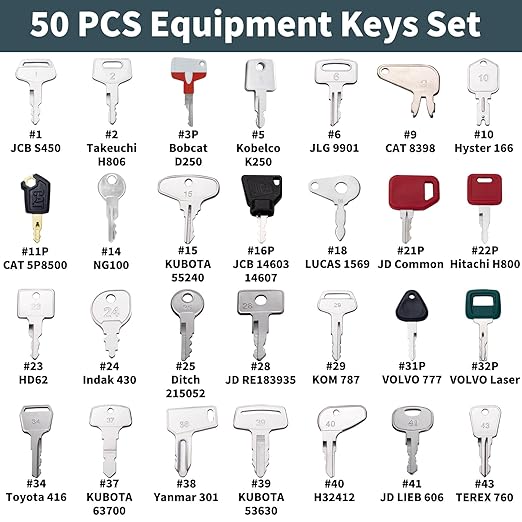 50PCS No-Duplicate Heavy Equipment Keys Set, Construction Keys Master Set for CAT, JCB, JD, JLG, Takeuchi, Master Ignition Keys Set