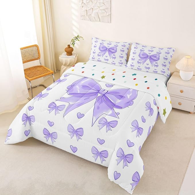 Feelyou Cute Purple Bow Comforter Set All Season Love Hearts Bowknot Bedding Set with 2 Pillow Cases Princess Bow Microfiber Kids Full Bedclothes Bedroom Decor Duvet Quilt Breathable Soft Lightweight