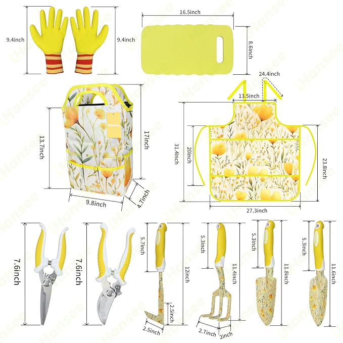 Yellow Garden Tools Set for Women, iHansee 10-Piece Gardening Tool Kit with Handbag, Non-Slip Ergonomic Handles, Gardening Gift for Women, Mom, Garden Lovers
