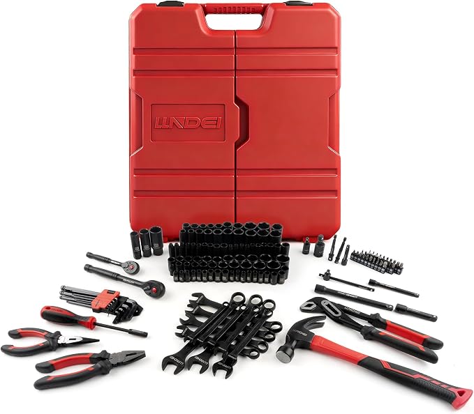 LLNDEI 151Pcs Ratchet Wrench Tool Set 1/4" 3/8" Drive Sockets Set | SAE and Metric 6 Point Sockets Set, Mechanic Tool Kit with Bits, Combination Wrench universal joint adapter.