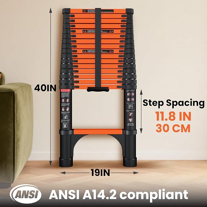 SINMEIRUN Telescoping Ladder, 16.5 FT, 11.8" Rung Spacing, Aluminum Extension Ladder, 330 lbs Capacity, Collapsible Multi-Purpose Ladder for Home, Roof and RV; Orange