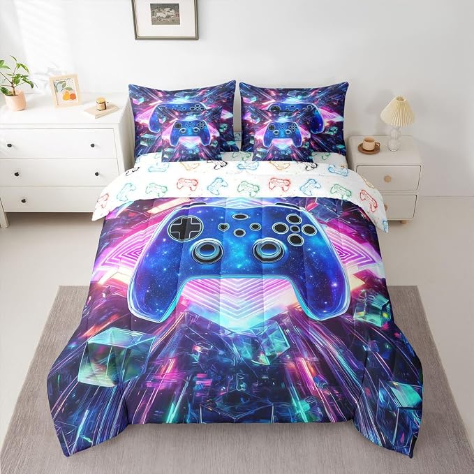 Erosebridal Galaxy Gaming Bed in a Bag King Size Comforter Set 7 Pieces | 3D Cube Gamer Bedding Sets Diamond Neon Lights Comforter and Sheet Set, Modern Game Consoles Bed Sets