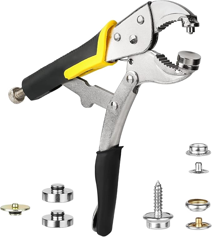 Heavy-Duty Snap Fastener Pliers (Adjustable Setter, 3 Interchangeable Dies) Snap Installation Set Hand Tools for Fastening, Replacing Metal Snaps, Repairing Boat Covers, Canvas