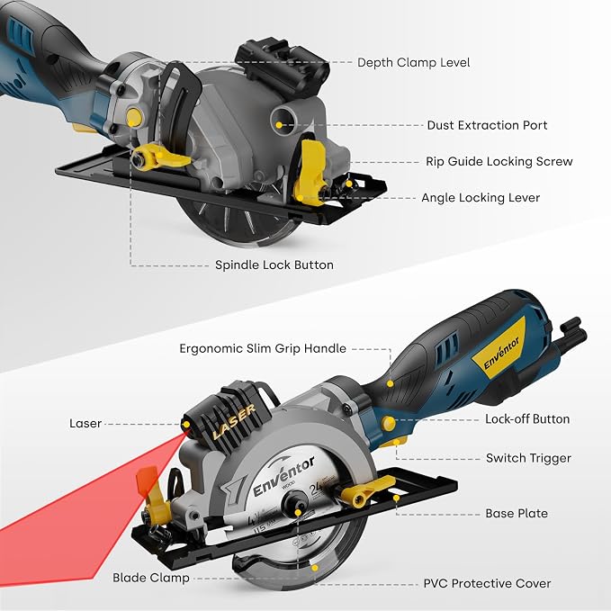 Enventor Mini Circular Saw, 5.8A 4-1/2" Electric Circular Saws with 6 Saw Blades, Laser Guide, 3,500RPM Max Cutting Depth 1-11/16"(90°), 1-1/8"(45°) for Soft Metal, Wood, Tile Cutting