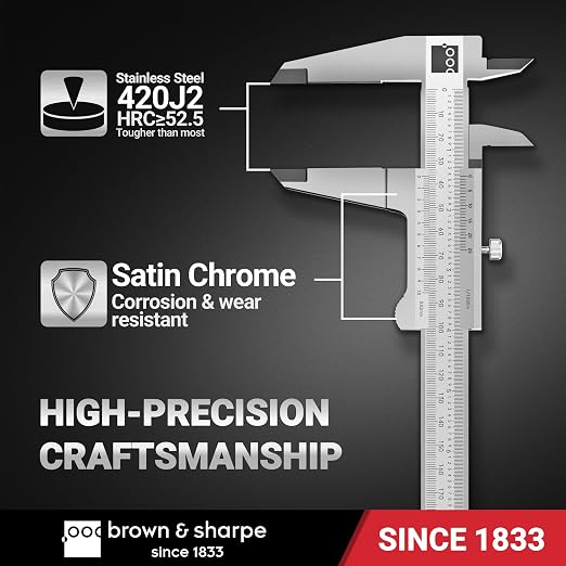 Brown & Sharpe 12-Inch Vernier Caliper, Precision Measuring Tool with 0.001 Inch Resolution, Hardened Stainless Steel, Smooth Sliding Frame, Locking Screw for Measurements