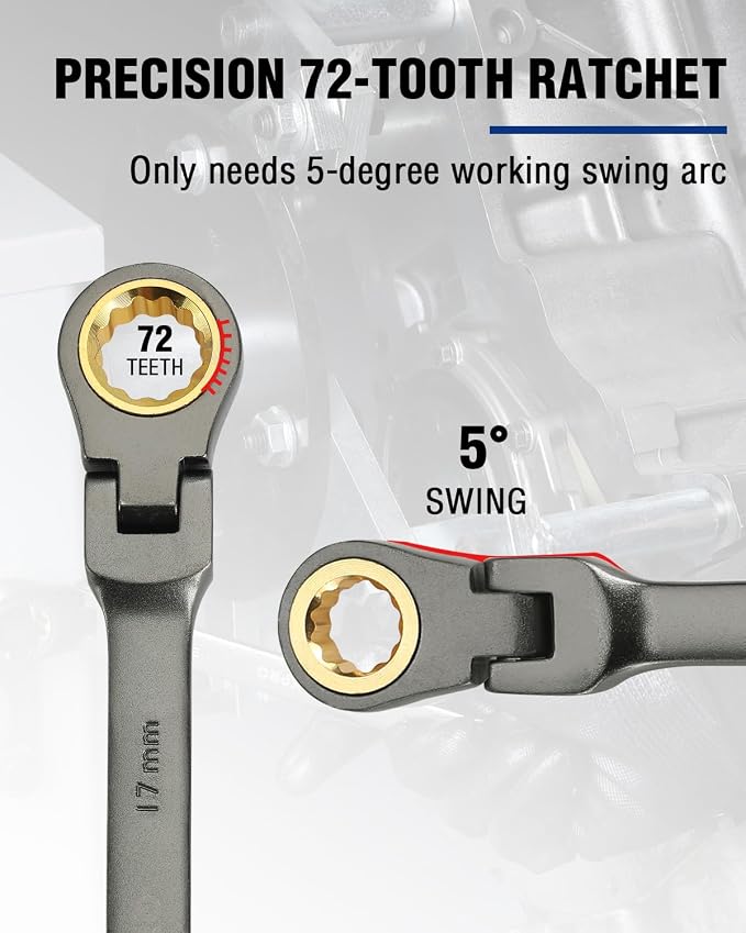 WORKPRO 17 mm Flex-Head Ratcheting Combination Wrench, Nickel Plating | Cr-V Constructed, 72-Teeth, 12 Point Design, Metric, For Home Improvement, Auto Repairs, Plumbing, Constructions, Machinery