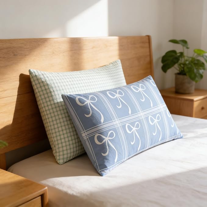 Sedefen Blue Plaid Duvet Cover Queen Size Gingham Bedding Set Kids Boys Girls Checked Bowknot Floral Spring Aesthetic Chic Soft Breathable Bedding Set 3 Pcs with 2 Pillowcases