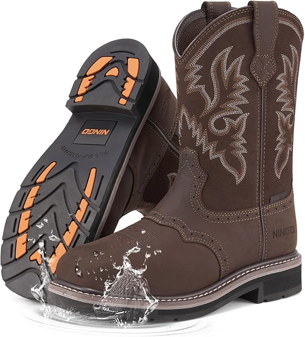 HISEA NINGO Steel Toe Work Boots for Men, Waterproof Square Toe Cowboy Boots Slip on, Comfortable Soft Toe Pull on Western Safety Work Shoes for Construction Industrial Working Welding Riding, Brown