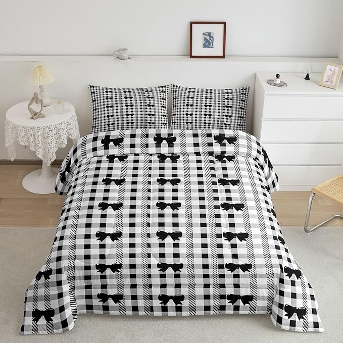 Feelyou Bow Checkered Comforter Set Queen Size Chic Grid Bowknot Bedding Set for Kids Boys Girls Girly Black Duvet Quilt Bedroom Decor Microfiber 3 Pcs with 2 Pillow Cases