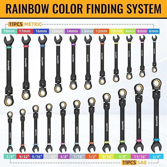 GRENPRO 23PC Flex Head Ratcheting Wrench Set SAE & Metric Combination Sets | 1/4"-3/4"&6-18mm Bolt Gauge, Electro-Coated 72-Tooth 180° Open End 12Pt, Color Rings, Roll Pouch for Auto&Home Repair