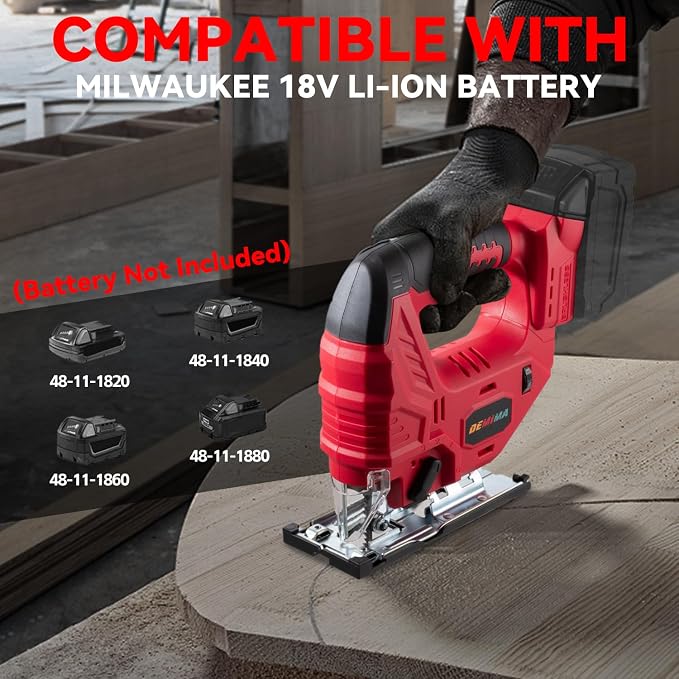 Cordless Jig Saw for Milwaukee Battery, 7 Speed Variable Up to 3200RPM, LED Light, 45° Bevel Cuts, 3 Orbital Motions, with Jig Saw Blade for Straight/Curve/Circle Cutting(Battery Not Include)