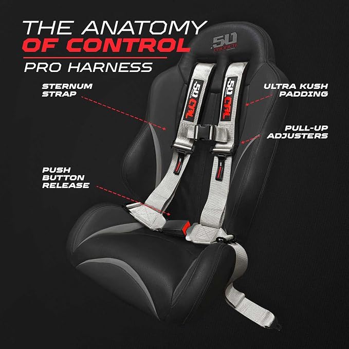 1pc 50 Cal Silver 4 Point Harness 2in Straps, Racing Harness Seat Belt | Ultra Kush padding, Push Button quick release hardware. Universal Fit for UTV, RZR, race car.