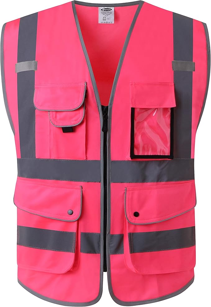 JKSafety 9 Pockets Class 2 High Visibility Zipper Front Safety Vest With Reflective Strips, Meets ANSI/ISEA Standards (XX-Large, 150-Pink)