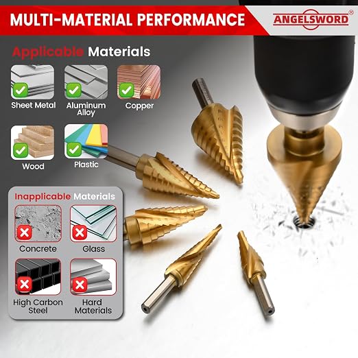 ANGELSWORD Step Drill Bits, 50 Sizes, 5PCS HSS Spiral Grooved Titanium Coated Step Drill Bit Set for Plastic, Aluminum, Copper, Sheet Metal, with Aluminum Case