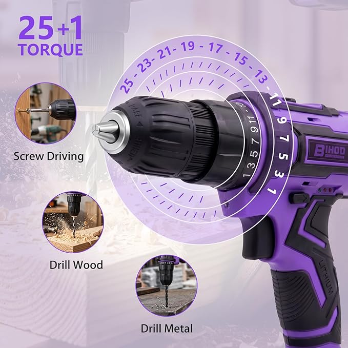 Purple 20V Cordless Drill Electric Drill set, Electric Screwdriver with 2 Batteries & Charger, 3/8" Keyless Chuck, 25+1 Torque 2-Speed Hammer Drill, Drill Bits Kit for Home DIY & Woodworking