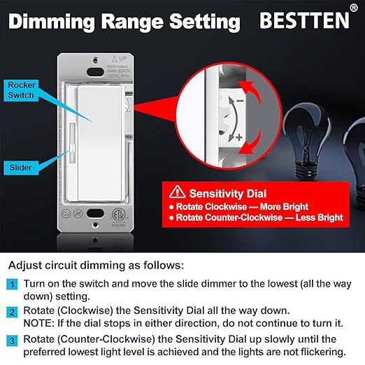 BESTTEN 3 Pack Slide Dimmer Light Switch, Quiet Rocker, Super Slim Single Pole or 3 Way Dimmable Switch, Max 300W LED, CFL, 600W Incandescent, ETL Listed, White