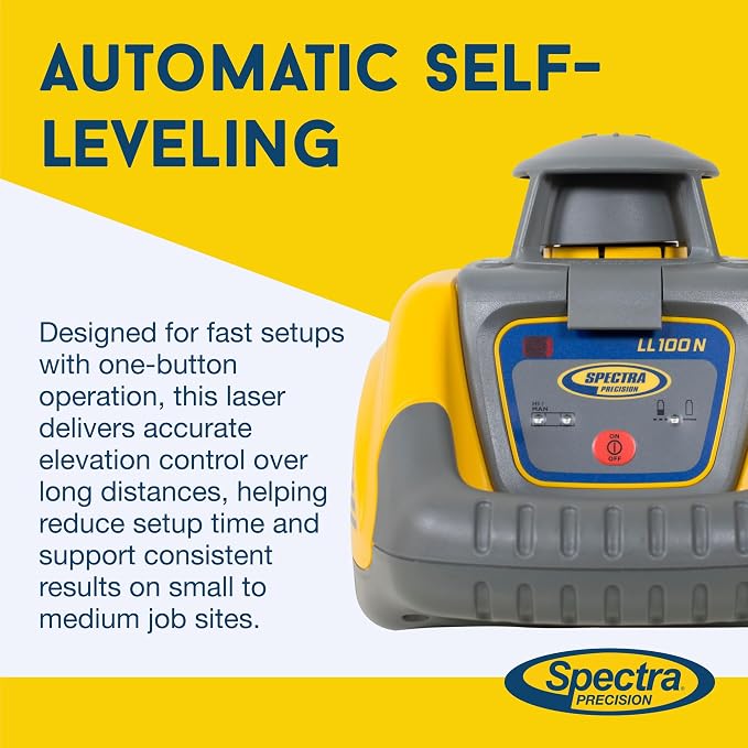 Spectra Precision LL100N Laser Level, Self-Leveling laser with HR320 Receiver, Class 2, C59 Rod Clamp, Alkaline Batteries, Carry Case, Yellow