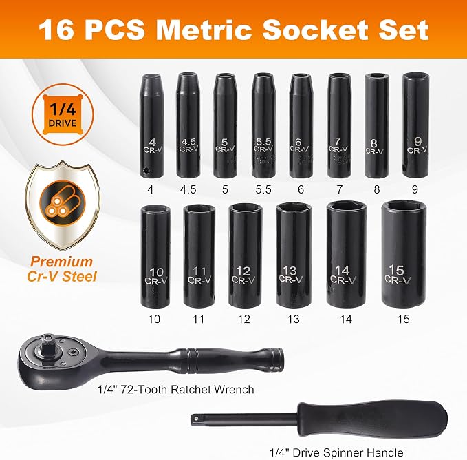 Reniteco 16-Piece 1/4" Drive Socket Set, Metric 4-15mm, 72-Tooth, Cr-V | Deep Sockets, 6-Point Design, 72-Tooth Ratchet Wrench, Drive Spinner Handle, Cr-V Steel, Ideal for Tight Spaces