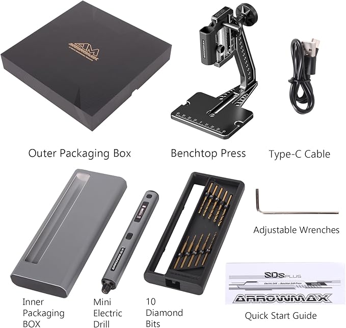 Mini Electric Drill Pen with Benchtop Press, 5-Speed, 10 Small Drill Bits with Aluminium Box, LED Lights, OLED Display, Resin Drill Set For Jewelry Making, Plastic, Wood (SDS ULTRA PLUS)