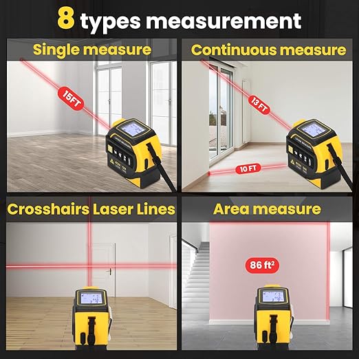 4-in-1 Laser Tape Measure with Level and Crosshairs, 16FT AutoLock Measuring Tape and 130FT Laser Measurement Tool with Large LCD Display, Area, Volume, Pythagorean, Cosine