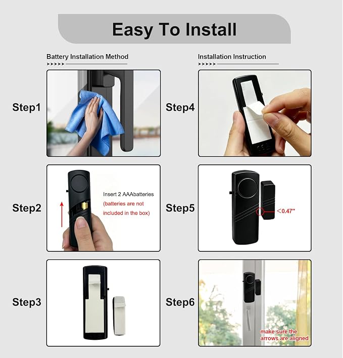 Door Window Alarm - 90dB Loud Home Security Sensor for Kids Safety, Burglar Alert for House, Apartment, Office, Hotel & Pool Window, Black (2 Pack)