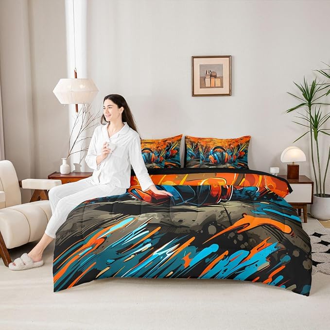 Erosebridal Gaming Headset 7 Piece Comforter Set Full Bed in a Bag | Graffiti Gamer Bedding Sets Doodle Style Comforter and Sheet Set, Gaming Headphones Bed Sets