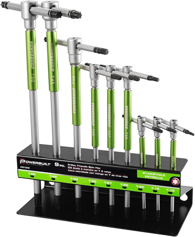 Powerbuilt 9 Pc Torx Star T-Handle Hex Allen Key Wrench Set w/ Speed Sleeves for Fast Spinning Action, Sliding Top Handle for “T” or “L” Shape, Long Shafts, Storage Rack, Auto, Bicycle, Moto - 941646