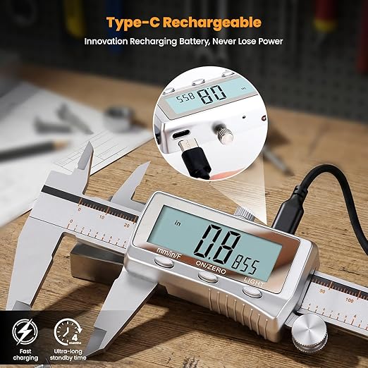 HARDELL Digital Caliper, Rechargeable Caliper Measuring Tool with Backlight LCD Screen, All Metal Calipers, Auto-Off Digital Micrometer, Inch/MM/Fraction for Household/3D-Printing-Rechargeable 6 Inch