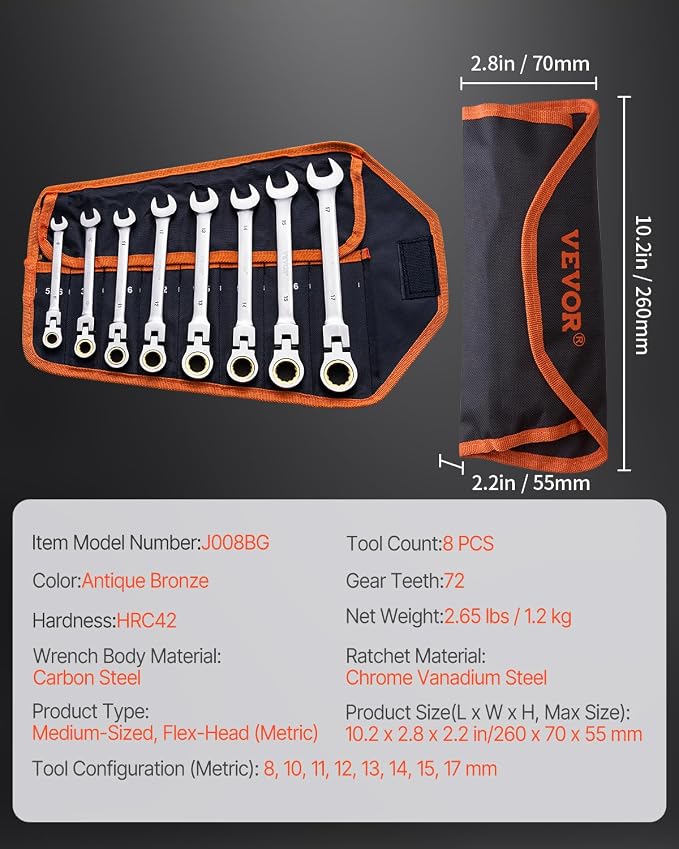 VEVOR Flex-Head Ratcheting Wrench Set, Nickel Plating, 8-piece Flexible Ratcheting Combination Wrench Set with Roll-up Pouch, CR-V, 72 Teeth, Metric 8-17mm