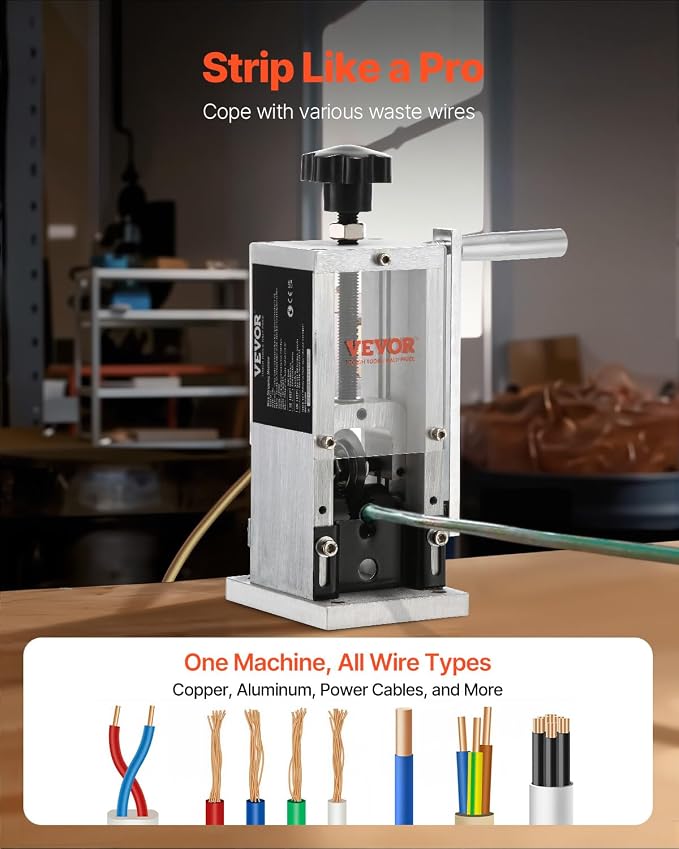 VEVOR Manual Wire Stripping Machine, 0.06''-1.18'' Copper Stripper with Hand Crank or Drill Powered, Visible Stripping Depth Reference, Portable Aluminum Frame Wire Peeler for Scrap Copper Recycling