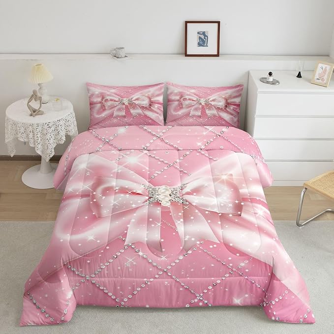 Feelyou Pink Bowknot Comforter Set Queen Size Glitter Bow Bedding Set for Kids Boys Girls Dreamy Princess Duvet Quilt Bedroom Decor Microfiber 3 Pcs with 2 Pillow Cases