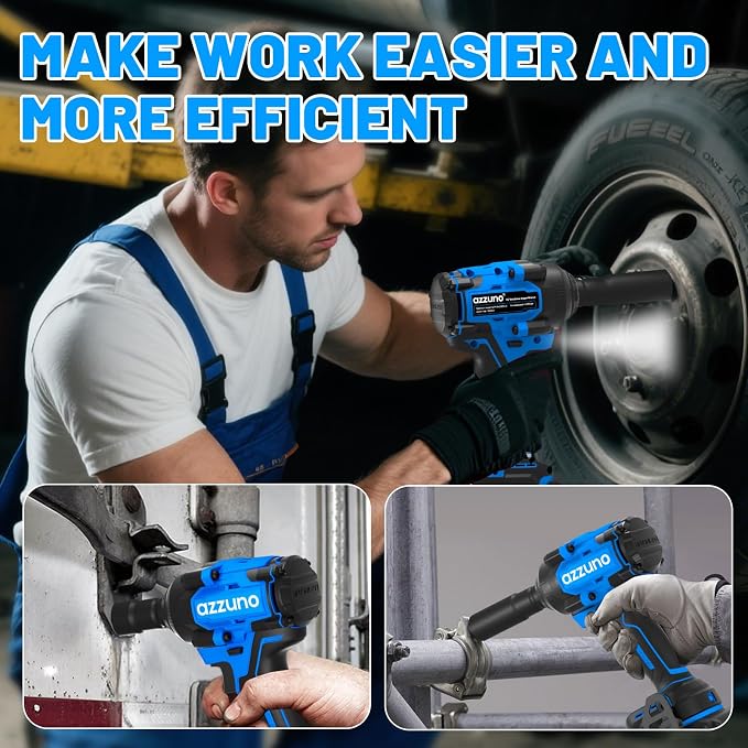 AZZUNO 1/2" Impact Wrench, 900N.m (665 Ft-lbs) Brushless Cordless Impact Driver, High Torque Electric Wrench With 2x 4.0Ah Battery, Charger & 4 CR-V Sockets, Led Light for Home Car Truck Tires