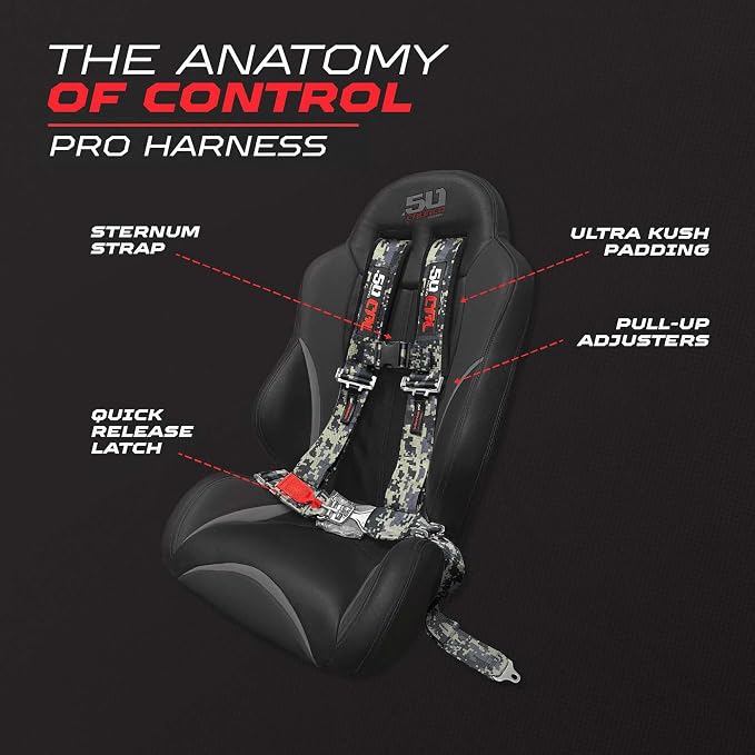 1pc 50 Cal Camo 4pt 4 Point Harness 3 inch straps, Racing Harness Seat Belt | Ultra Kush padding, Push Button quick release hardware. Universal Fit for UTV, RZR, race car