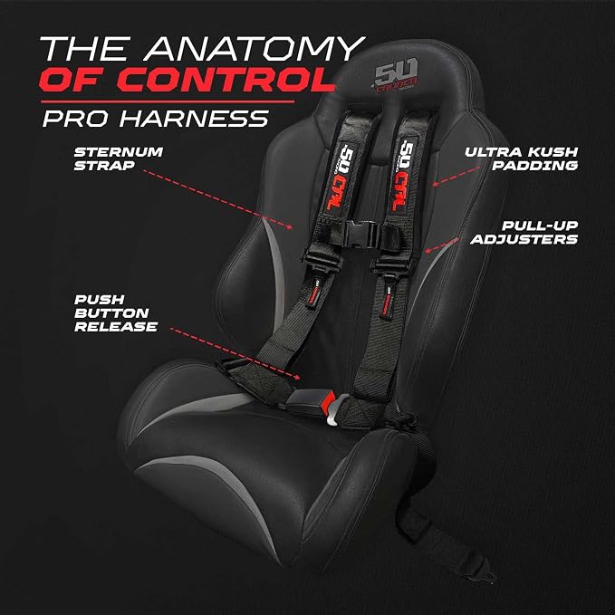1pc 50 Cal Black 4 Point Harness 3in Straps, Racing Harness Seat Belt | Ultra Kush padding, Push Button quick release hardware. Universal Fit for UTV, RZR, race car.
