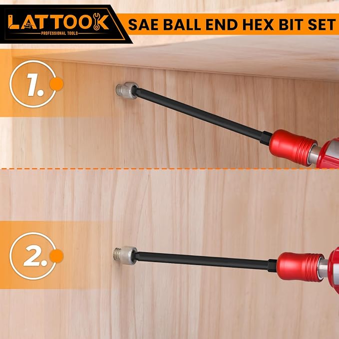 SAE Ball End Hex Head Allen Wrench Drill Bit Set | LATTOOK 10PCS Ball End Hex Bit Set Allen Hex Key, 4'' Long, Magnetic S2 Steel