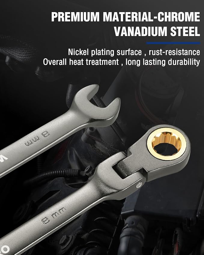 WORKPRO 8 mm Flex-Head Ratcheting Combination Wrench, Nickel Plating | Cr-V Constructed, 72-Teeth, 12 Point Design, Metric, For Home Improvement, Auto Repairs, Plumbing, Constructions, Machinery