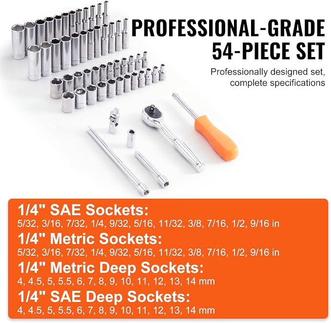 VEVOR Socket Set, 1/4 Inch Drive Socket and Ratchet Set, 6-Point Socket Opening, 54 Pieces Tool Set SAE and Metric, Deep and Standard Sockets, 5/32-9/16 in, 4-14 mm, with Accessories, Storage Case
