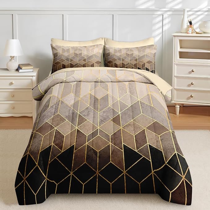 Nesker Comforter Set King Size, Black Golden Gradient Cubic 7 Pcs Bedding for Kids and Adults, Brown Modern Geometric Bed Sheet Sets with Fitted Sheet 2 Pillowcases & 2 Shams