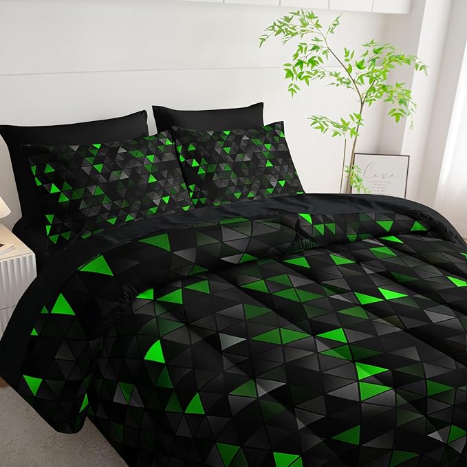 Nttopship Geometric Green Black Triangle Full Size Comforter Set,Light Honeycomb Bedding Set 7 Piece in A Bag,Bed Sheet Set Geometry Decor,Microfiber Lightweight All Season
