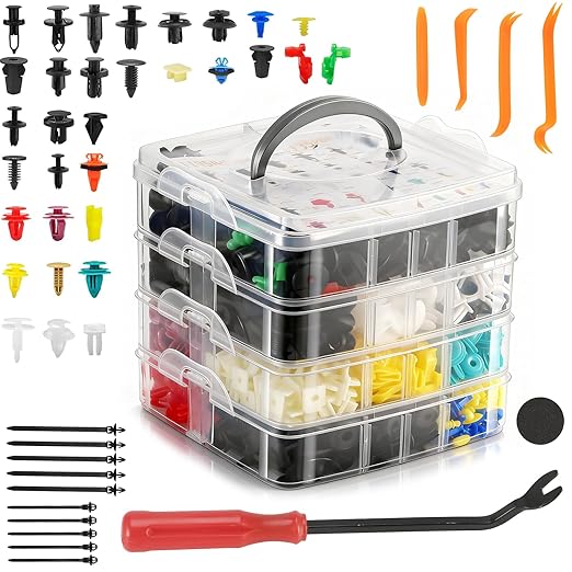 1240PCS Auto Retainer Clips Kit with Trim Removal Tools and 3-Layer Organizer Box, 32 Sizes Push Rivets Fasteners for Car Bumper, Fender, Door Panel and Interior Repair