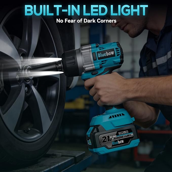 1/2 Inch Cordless Impact Wrench, 900 Ft-lbs (1200 N·m) High Torque Brushless Impact Driver Gun, 2300 RPM, 2×4.0 Ah Batteries, LED Light, 4 Sockets, Variable Speed Power Tool for Car & Tire Removal