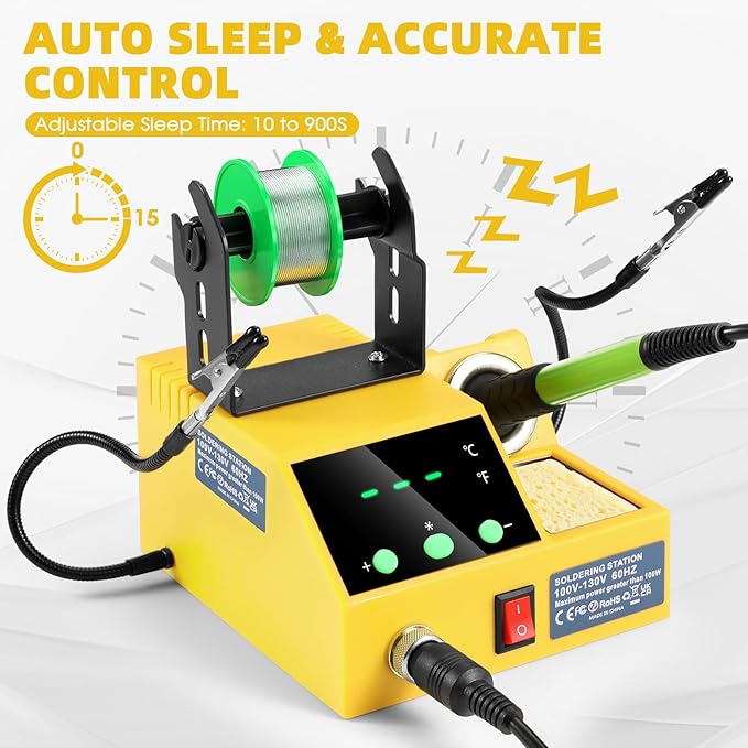 Soldering Station, 100W Digital Display Soldering Iron Station Kit with 2 Helping Hands, 356°F - 896°F, Auto Sleep, °C/°F Conversion, Solder Wire, Tips, Stand, Pump, Tweezers, Tip Cleaner, Yellow