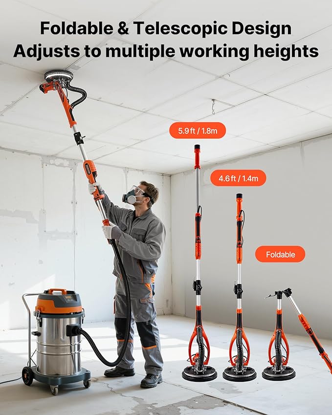 VEVOR Drywall Sander, 850W Electric Drywall Sander, Popcorn Ceiling Removal Tool with 5 Variable Speed 800-1700 RPM, Double-Deck LED Light, Foldable & Extendable Handle, 15 Sanding Discs, Dust Hose