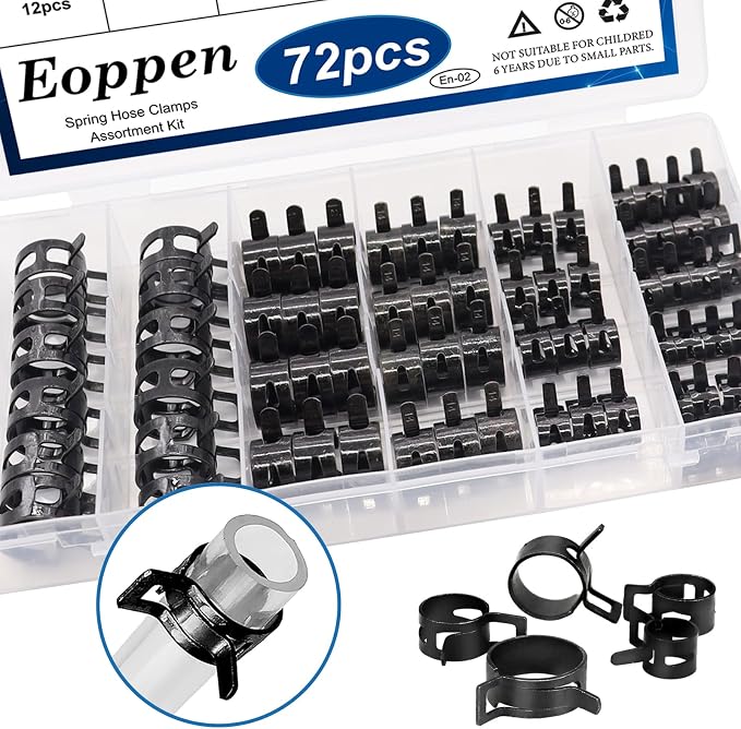 72Pcs Spring Hose Clamps Fuel Line Silicone Vacuum Hose Low Pressure Air Clamps & Sleeving Automotive Replacement Fastener Assortment Kit 6 Sizes (7mm 10mm 11mm 14mm 16mm 18mm) Black