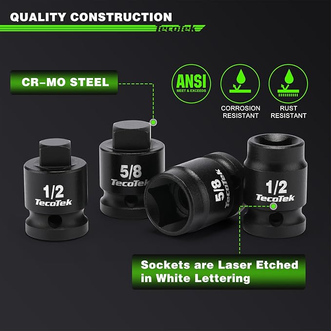 TecoTek 1/2" Drive Pipe Plug Socket Set, Square Drive Socket, 10-Piece, SAE, 4 Point Sockets, CR-MO, Tapered Male Square 7/16'' - 5/8'', Chamfered Female Square 7/16'' - 13/16''